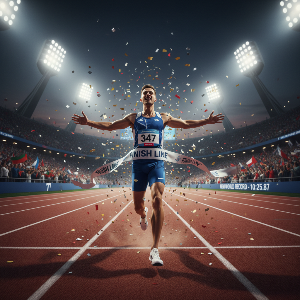 Runner crossing finish line tape with arms wide open, track stadium