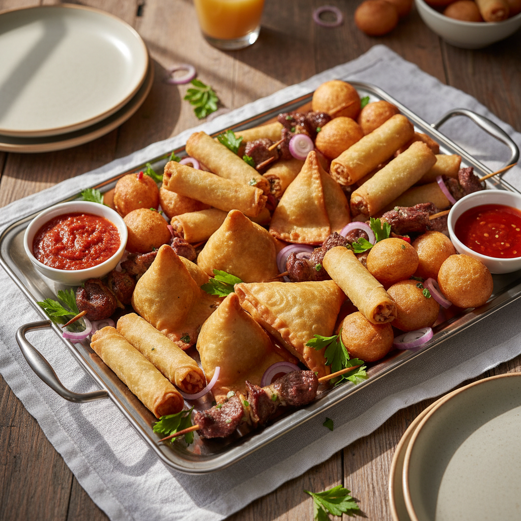Nigerian small chops platter with puff puff, samosa, and spring rolls on a serving board