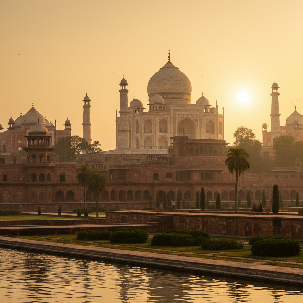 Iconic Taj Mahal at sunrise with tourists on guided tour, golden morning light reflecting on marble