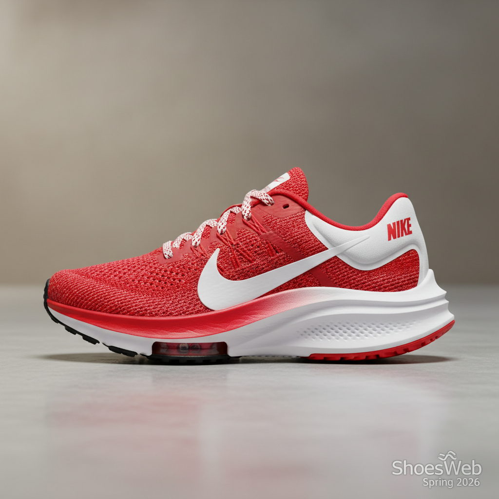 Nike red athletic shoe on white background, summer collection 2026