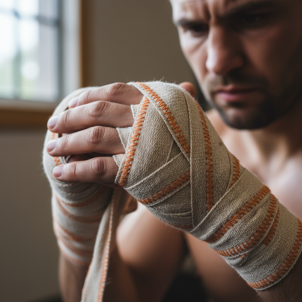 Close-up of fighter hand wrapping before event, bright preparation area