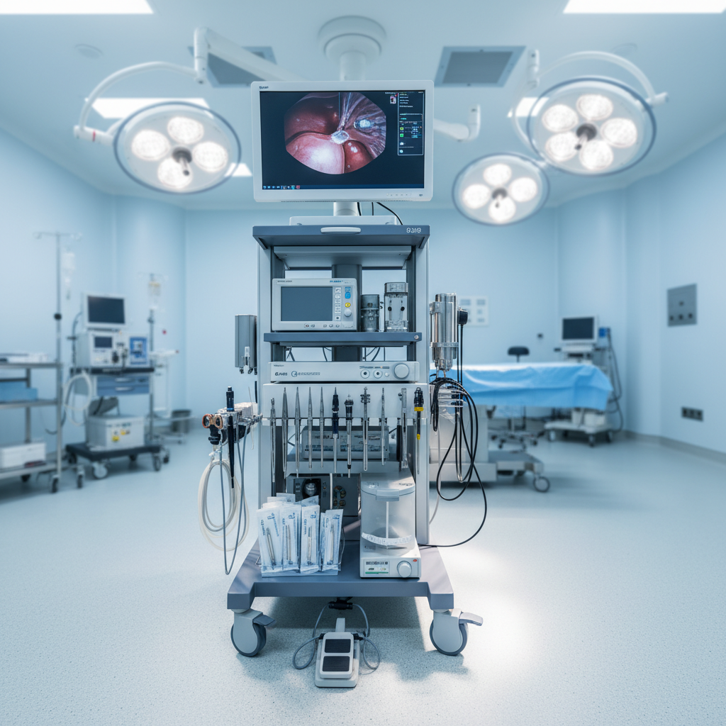 Laparoscopic surgical instruments being used in minimally invasive kidney procedure with monitor showing internal view