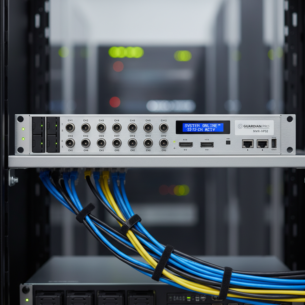 Enterprise-grade 32-channel NVR security recorder in a rack mount configuration, data center environment with cable management