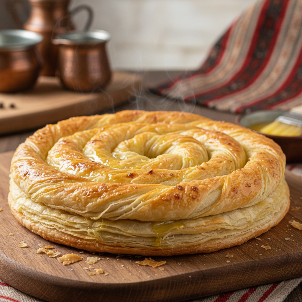 Golden burek spiral cut open with steam rising, showing layered meat filling