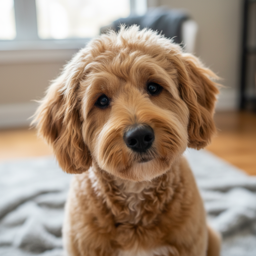Fluffy golden Goldendoodle with a teddy bear clip haircut on a grooming table