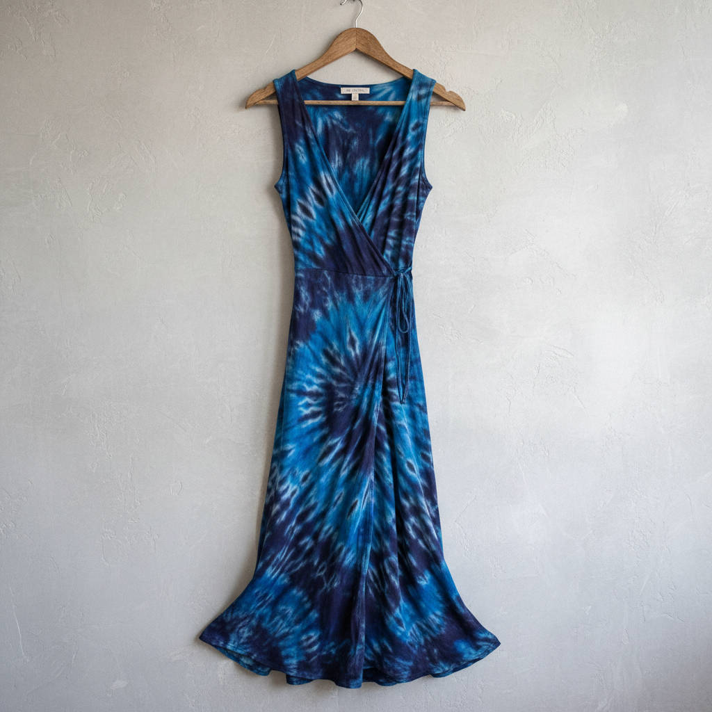 Tie-dye wrap dress in ocean blue and indigo on wooden hanger
