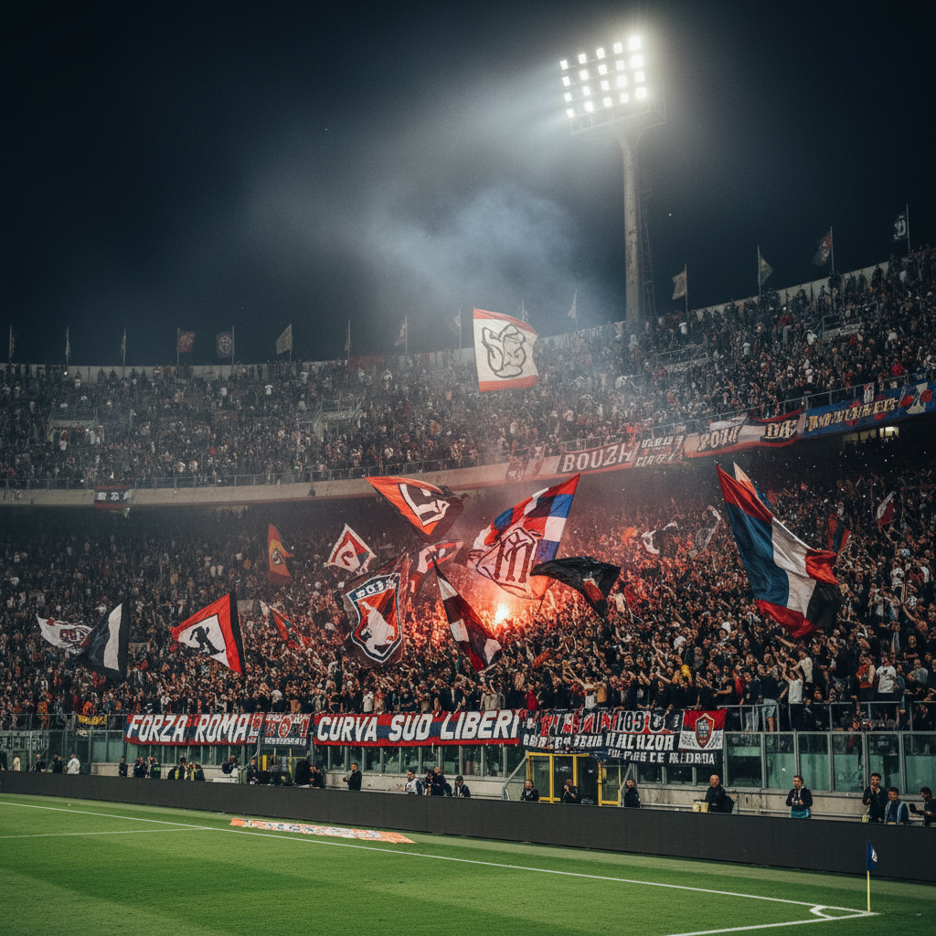 Estadio lleno durante el Mundial, iluminación nocturna vibrante, multitud celebrando, ambiente oscuro y dramático con luces de colores