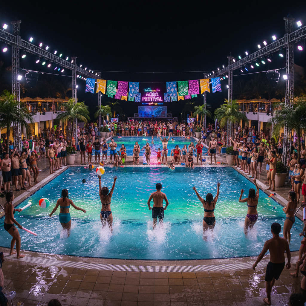 Group of people at an aquatic event, pool deck with lighting setup
