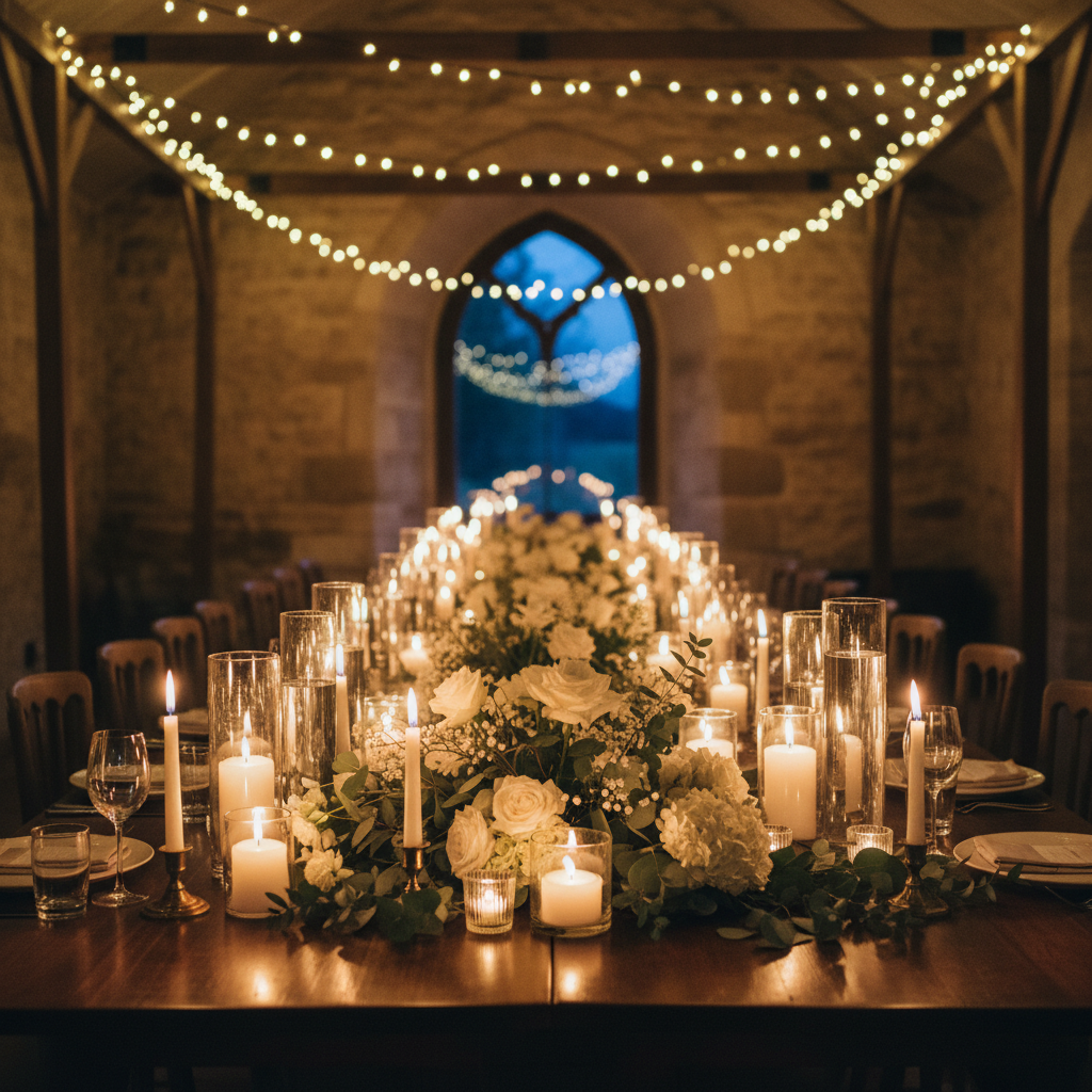 Guests arriving at a warm, well-organized event space with soft lighting and welcoming table arrangements