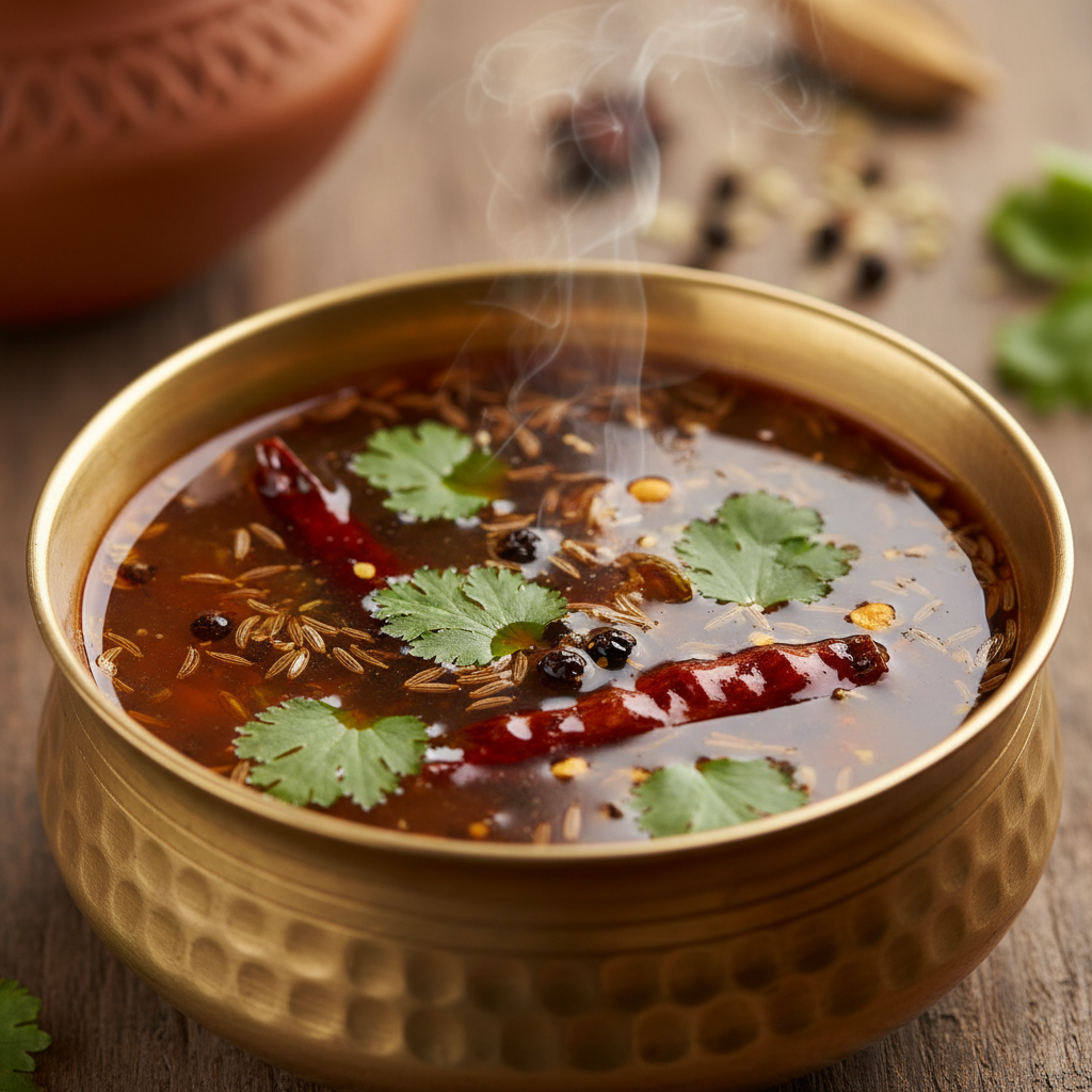 Reddish-brown rasam powder in a clay bowl with black pepper and cumin seeds