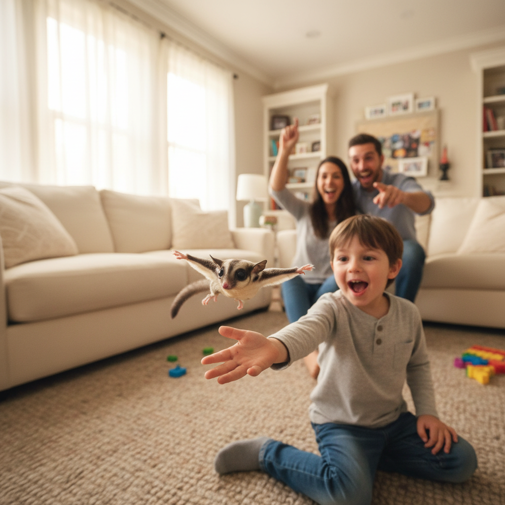 A joyful family moment โ child's hand extended with a sugar glider landing on it after gliding across a living room, parents cheering in the background, pure delight on every face