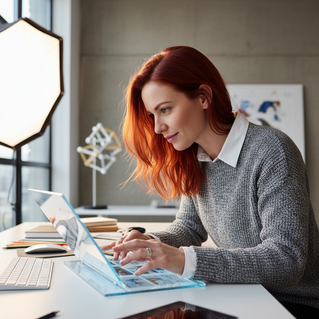 Saoirse Fitzgerald creative director with red hair in creative studio environment