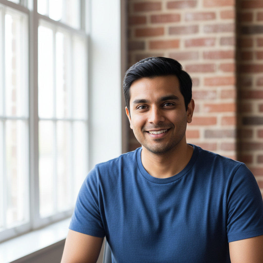 Indian male entrepreneur in casual shirt, approachable expression, workshop setting background