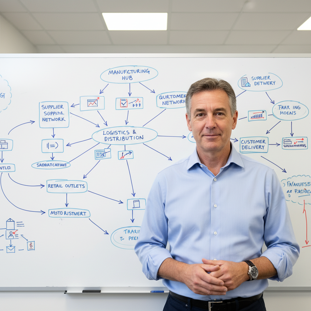 Marcus Webb, instructor, a man in his late 50s with warm eyes, standing in front of a whiteboard covered in supply chain diagrams, sleeves rolled up