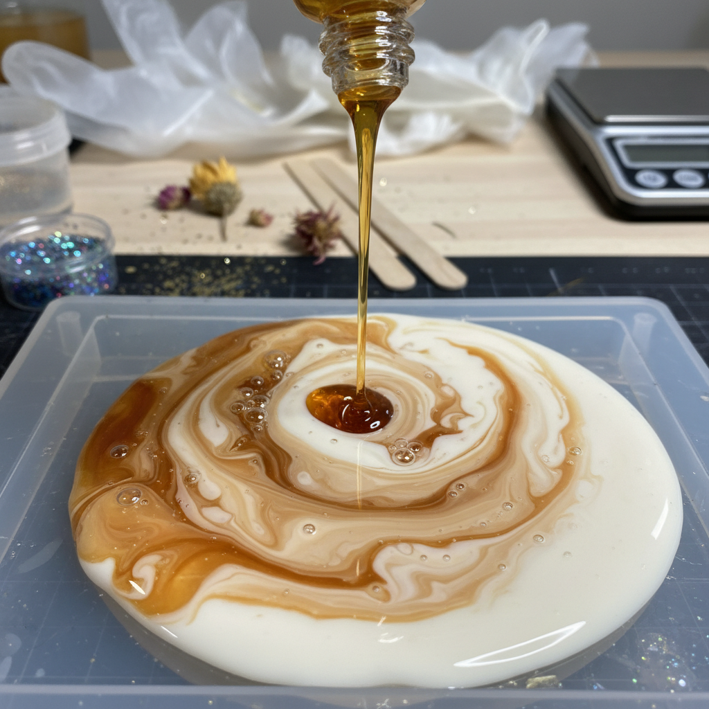Resin pour process, amber pigment being introduced to cream base