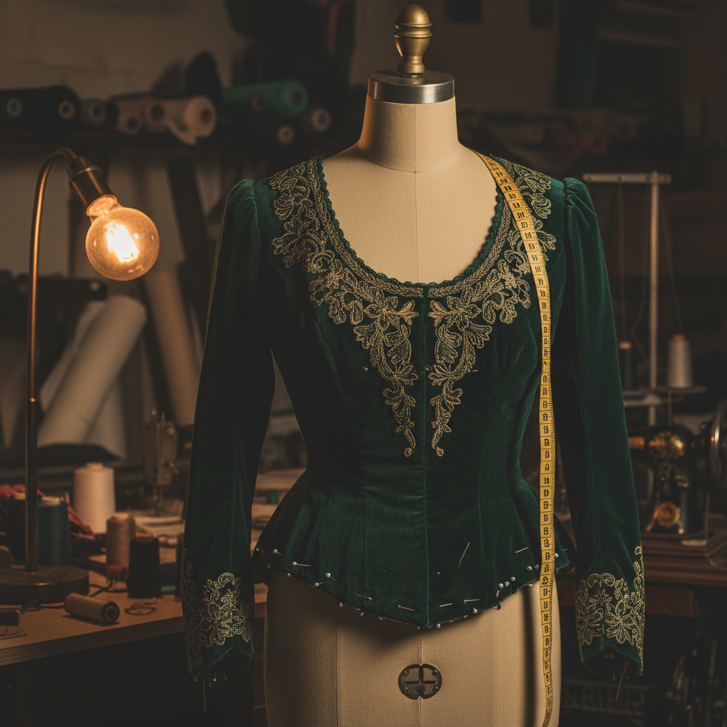 Master tailor measuring a bespoke suit in dimly lit atelier, warm lamp glow, dark wooden walls, intimate workshop