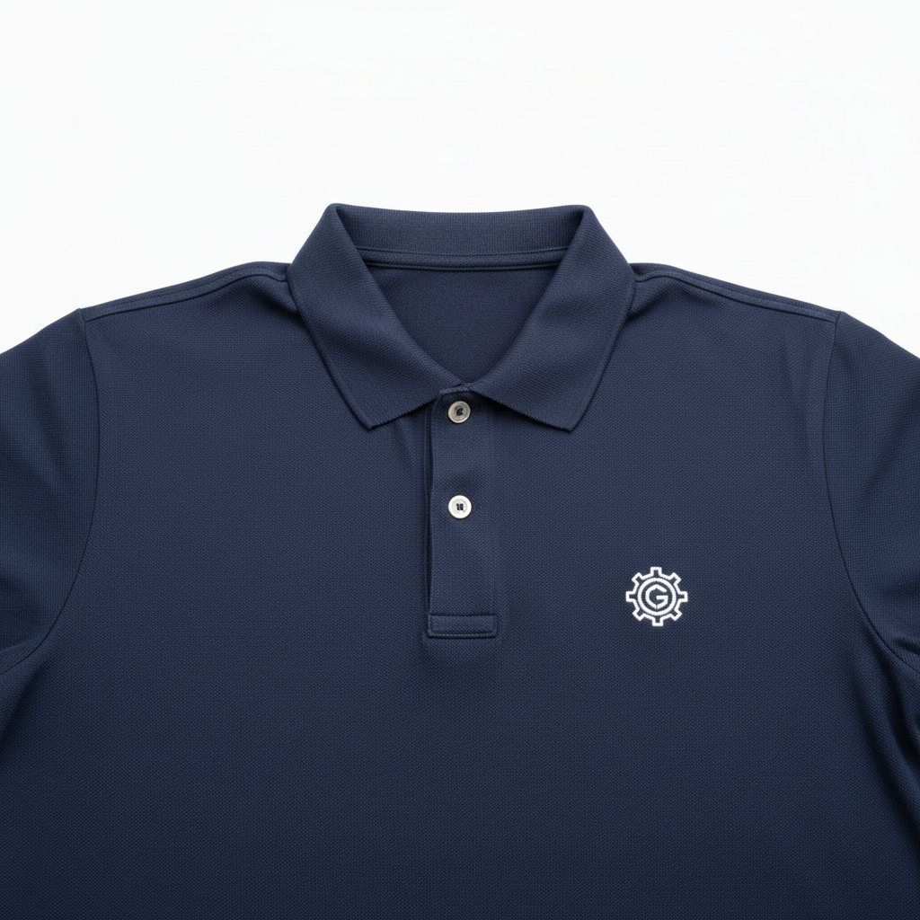 White polo shirt with embroidered company logo on white background