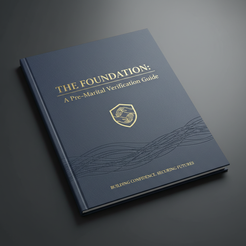 Professional handbook cover showing pre-marital verification guide with elegant design representing trust and confidence