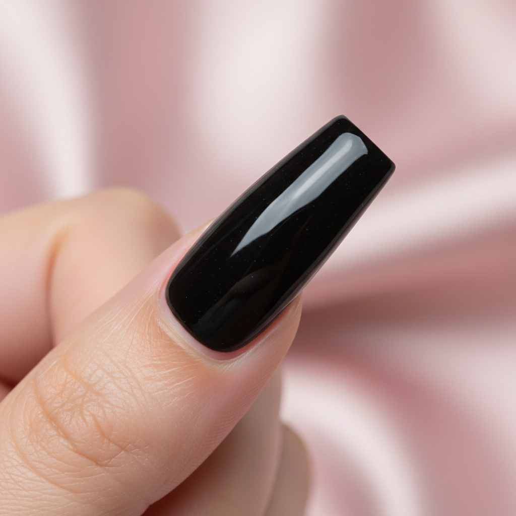 Nude pink coffin nails with subtle shimmer and gold accent line, elegant close-up photography