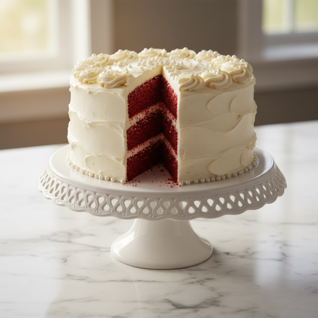 Dozen red velvet cupcakes with swirled cream cheese frosting and gold sugar pearls on white board