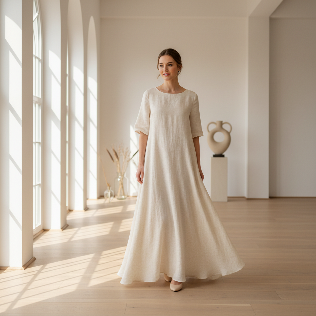 Two women in minimalist white linen outfits standing in a sunlit cream-toned room, airy and editorial atmosphere