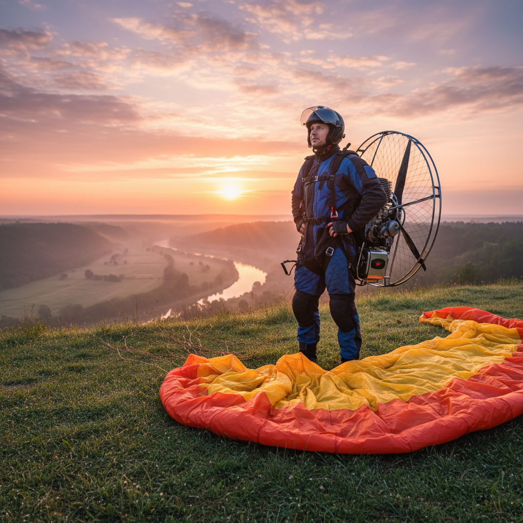 Vuelo en Paramotor — Amanecer sobre el valle — actividad de Paramotor y vuelo en Argentina