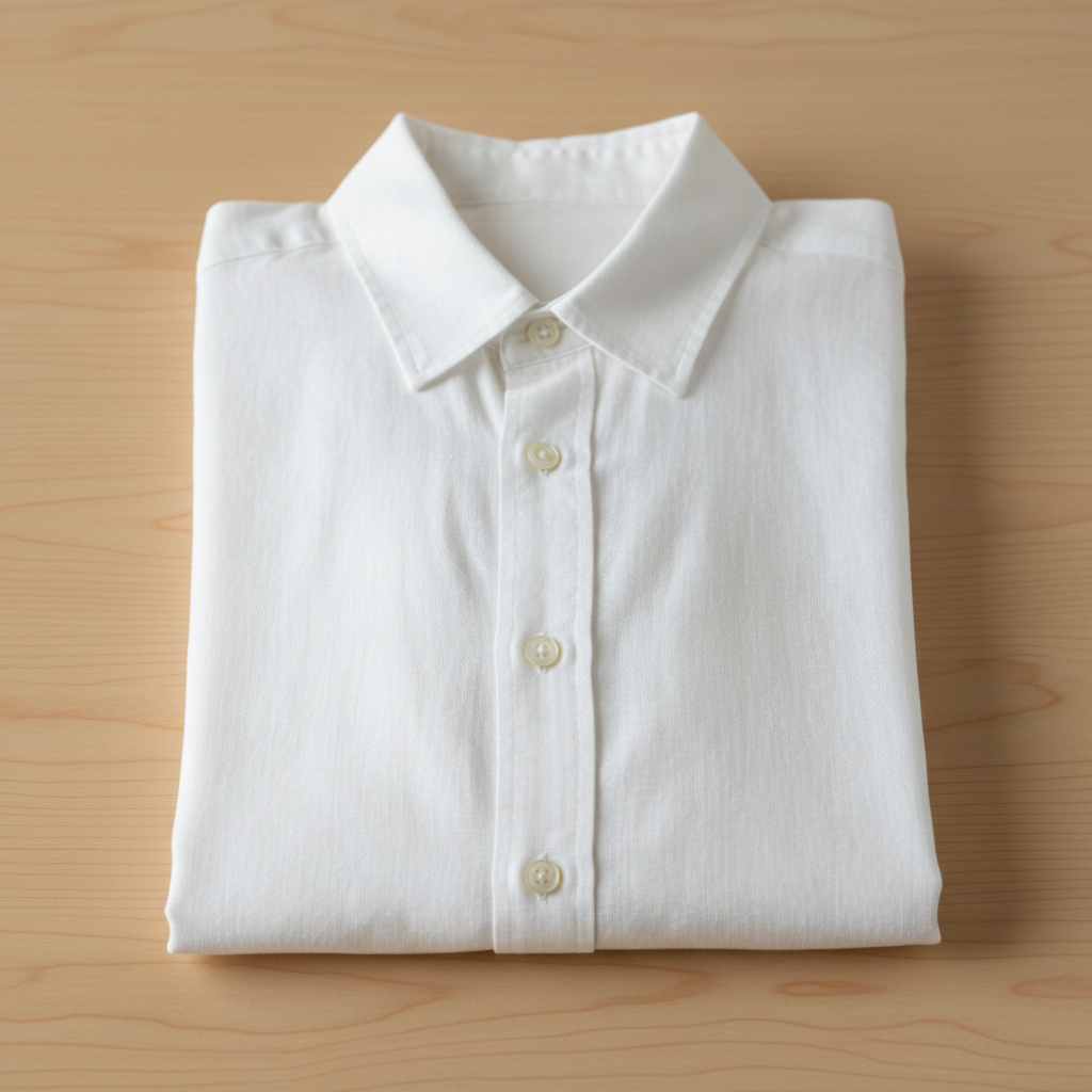Men's casual linen shirt in light blue, folded neatly on wooden surface, bright airy setting