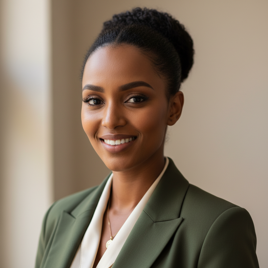 Ethiopian woman smiling in casual clothing, warm natural light, city background