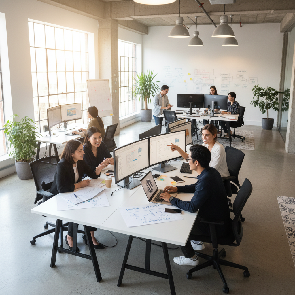 Professional services team collaborating in a bright, well-lit modern office with natural light