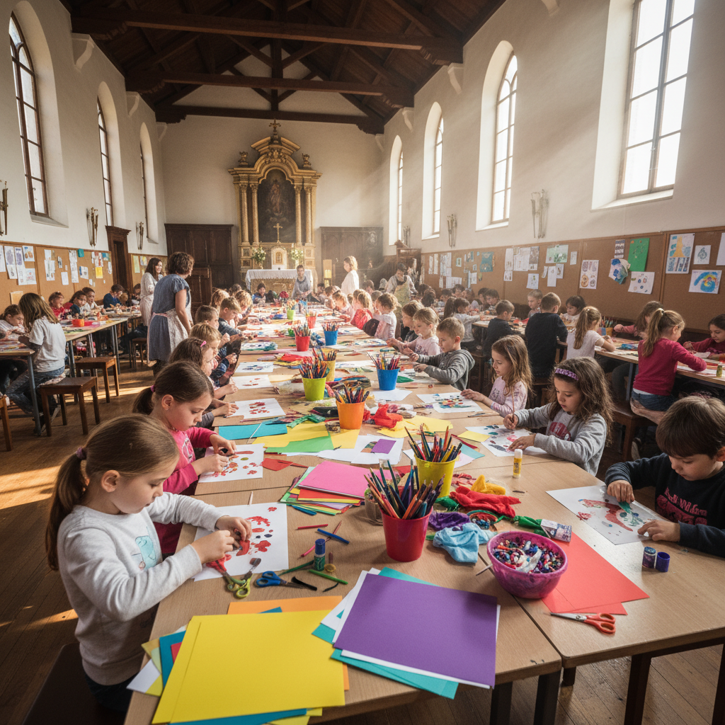 Children engaged in creative storytelling workshop with warm bright lighting, colorful setting, enthusiastic expressions