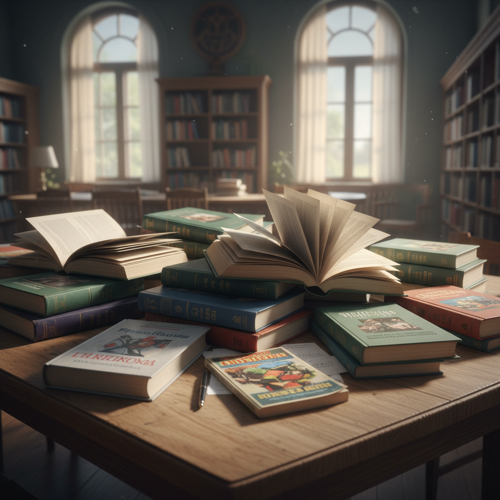 Stack of school textbooks and paperbacks on a library table