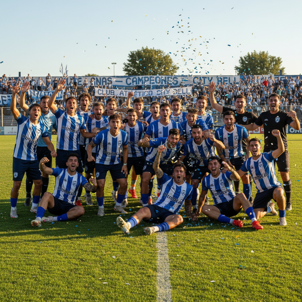 Group of young men celebrating after a soccer match on a green field, smiling, fists raised, team spirit
