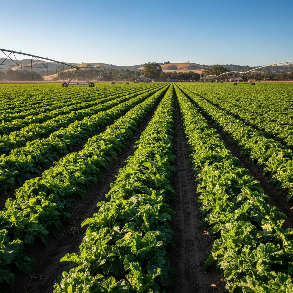 Agricultural worker overseeing crop rows in a vast California field, bright sunny day, green crops stretching to the horizon