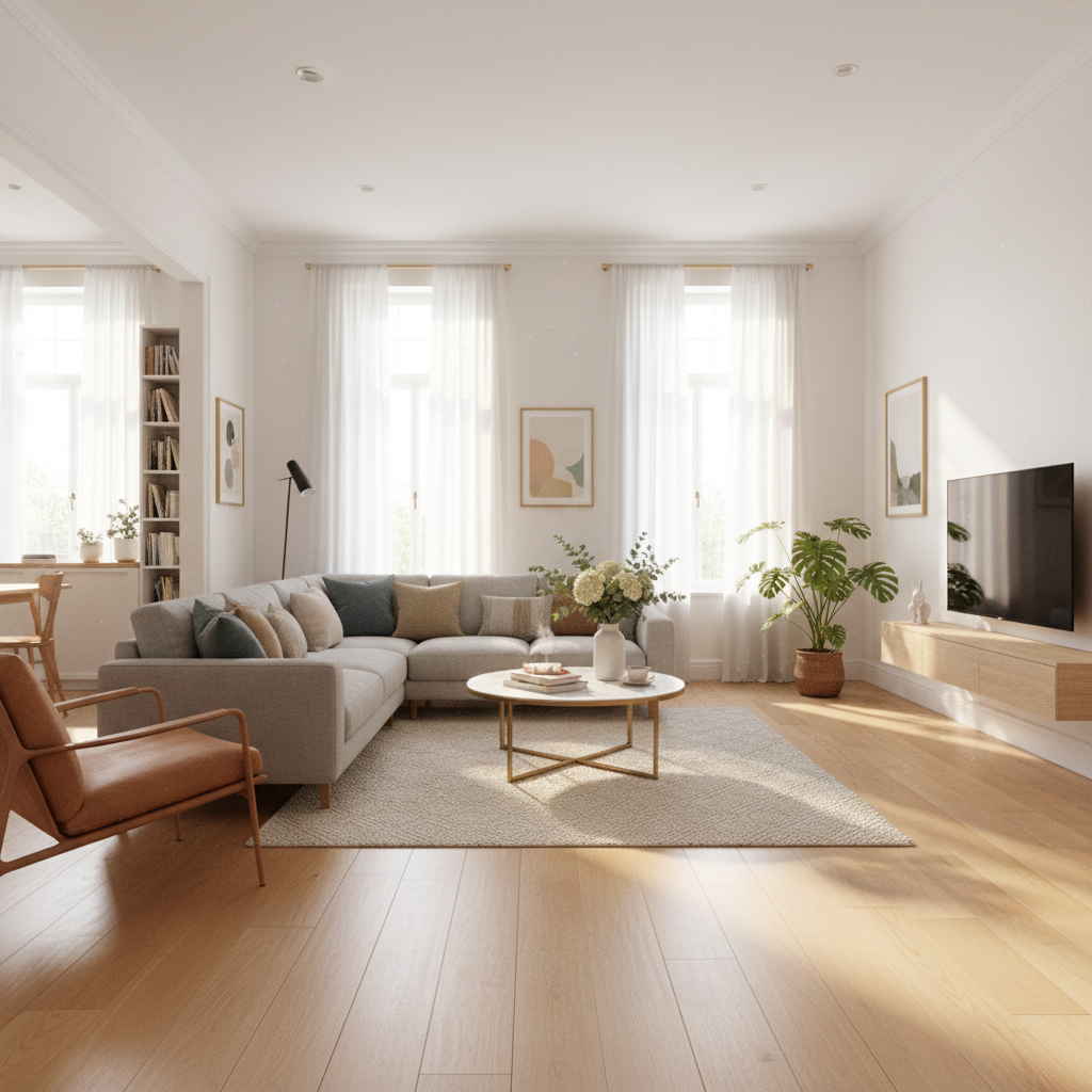 Bright modern living room with large windows, plush seating, and warm wooden flooring