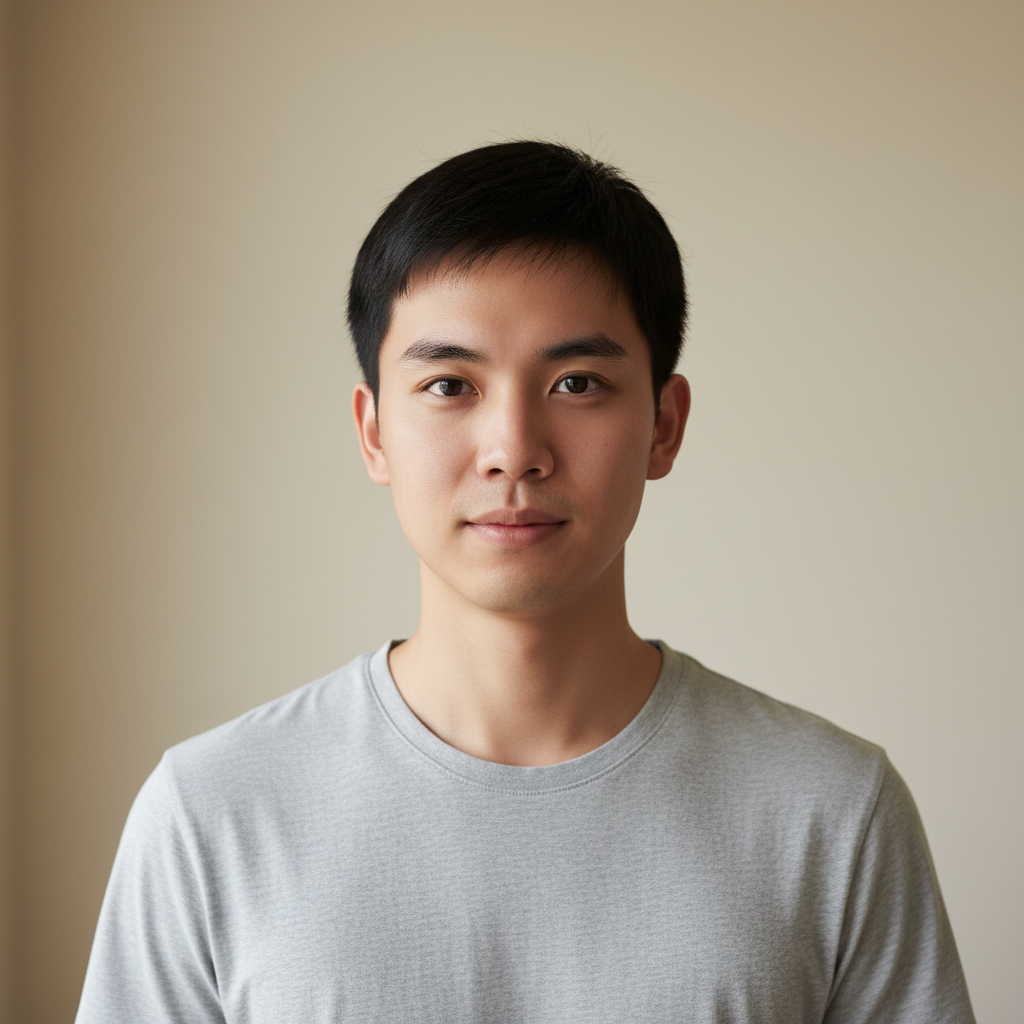 Young man with short hair in casual attire, neutral background
