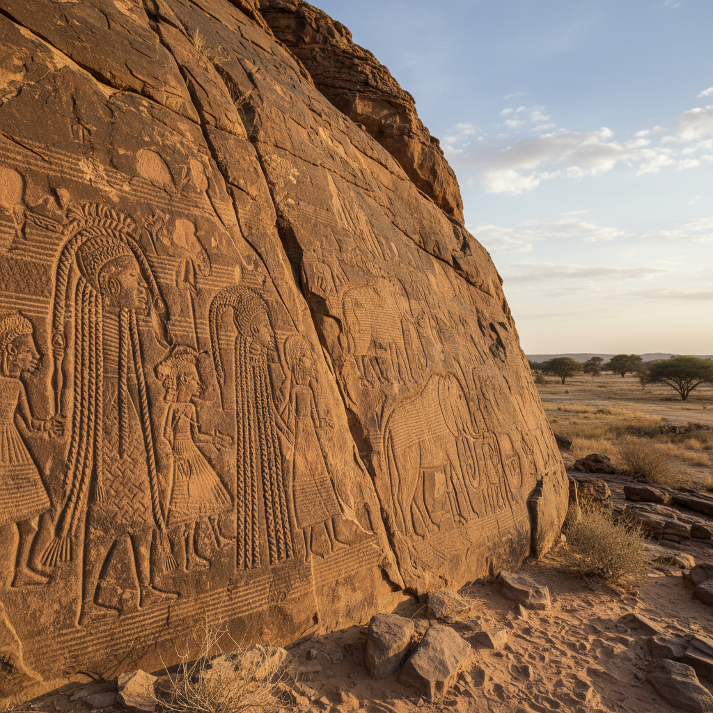Ancient African rock art depicting figures with braided hairstyles in the Sahara desert