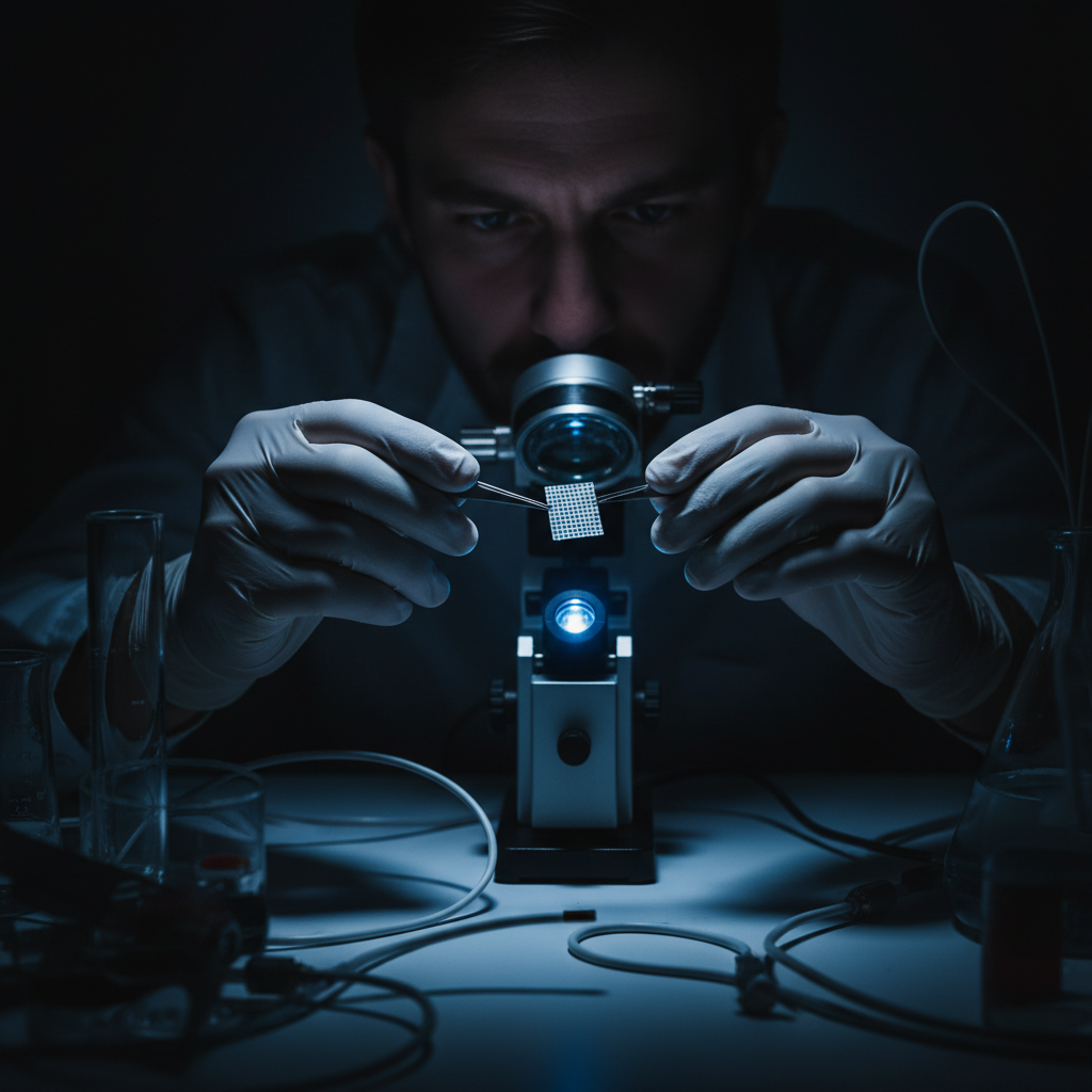 Scientist examining neural electrode in dark laboratory with dim atmospheric blue lighting, deep shadows, low-key scientific environment
