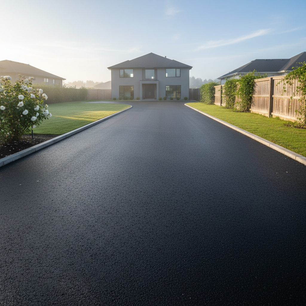 Residential concrete driveway leading to a modern home in bright daylight