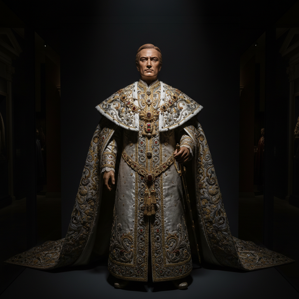 Regal wax figure in ceremonial robes under dramatic spotlight in darkened museum hall
