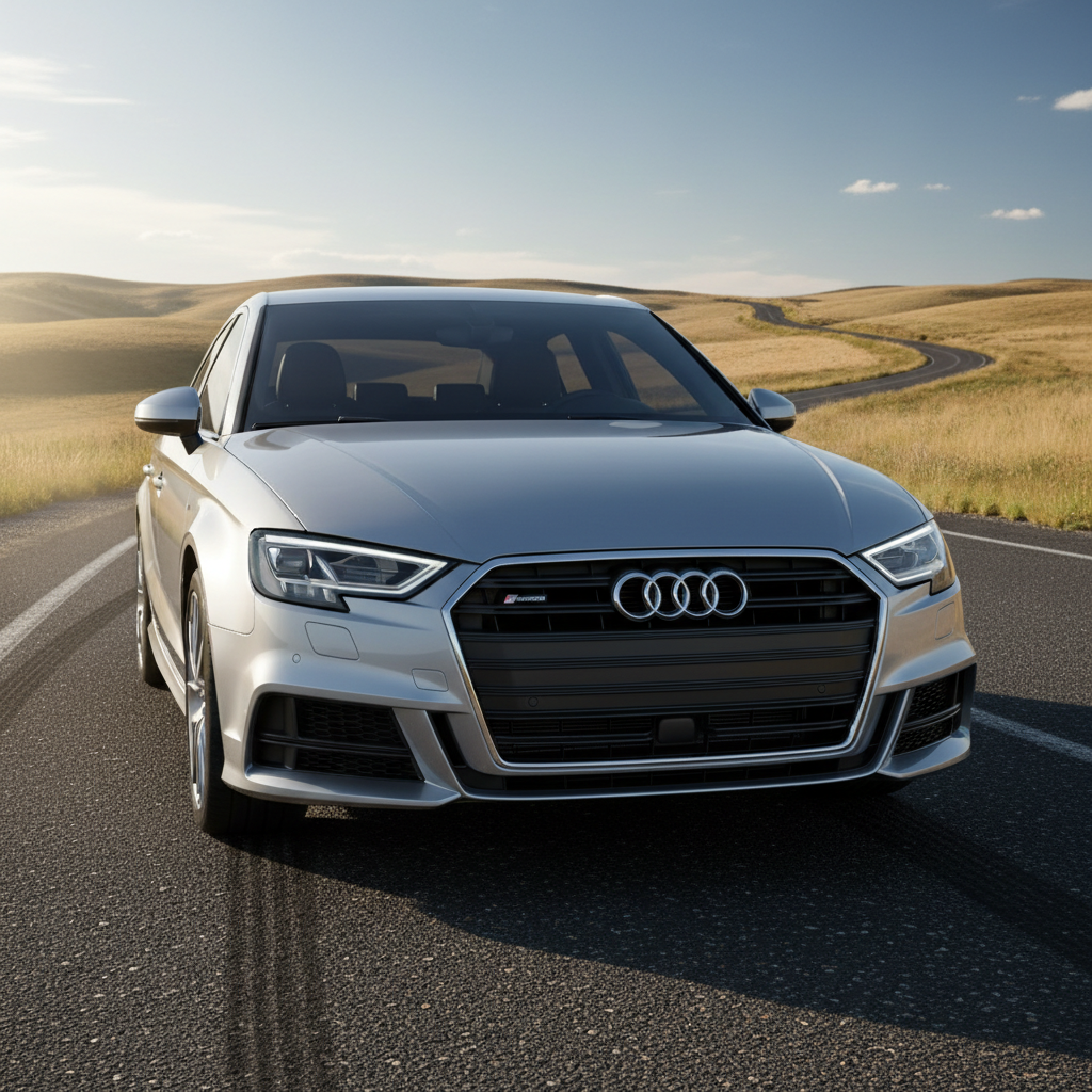Audi A3 compact sedan silver three-quarter front view clean studio