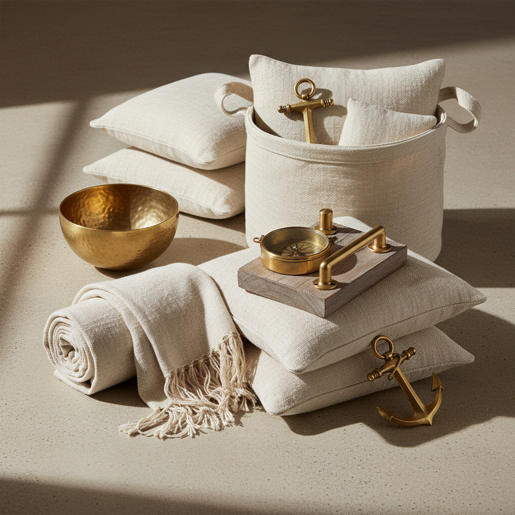 Beautiful coastal gift collection with ocean-themed items and warm natural lighting