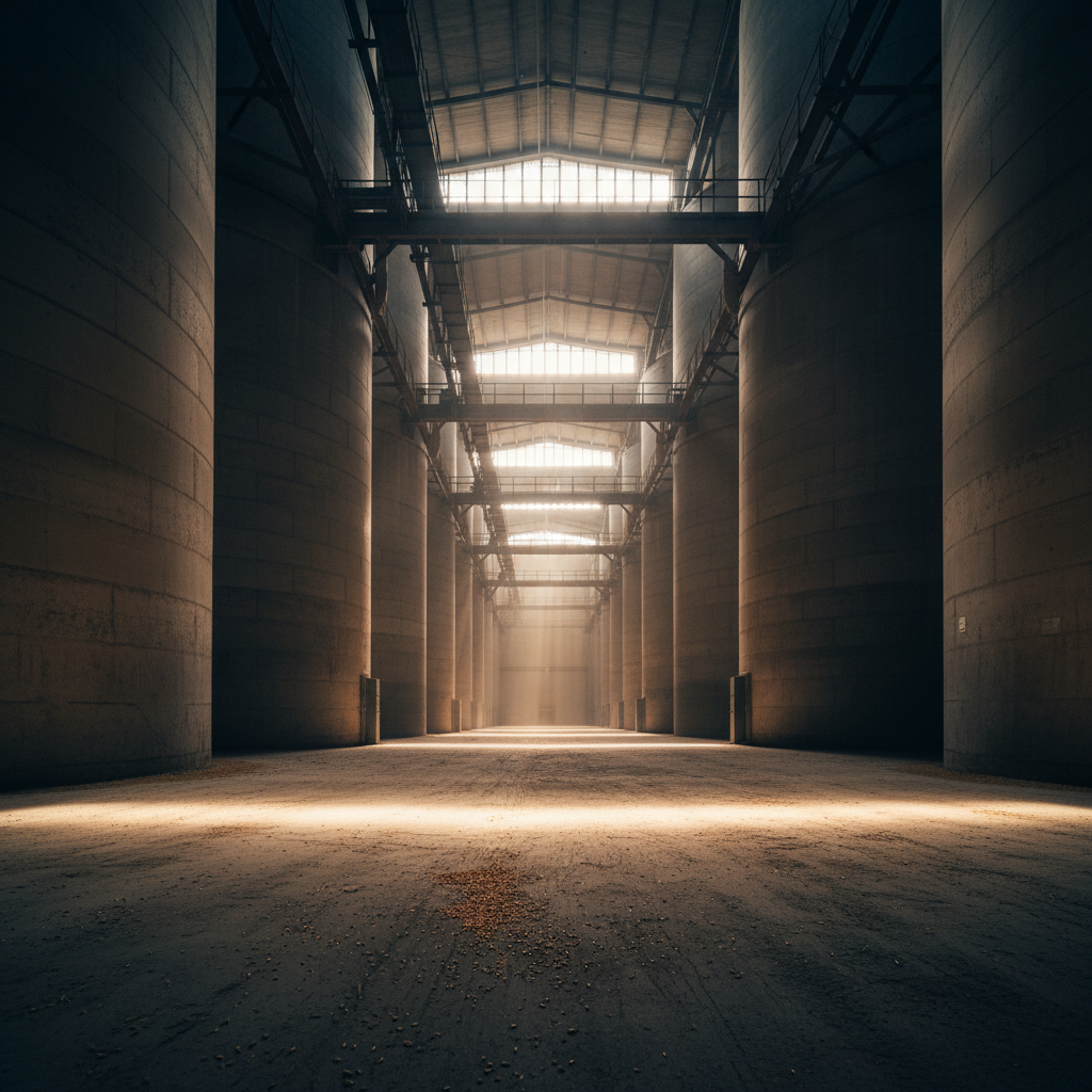 Interior of grain storage facility showing clerestory windows casting bands of morning light across concrete floor