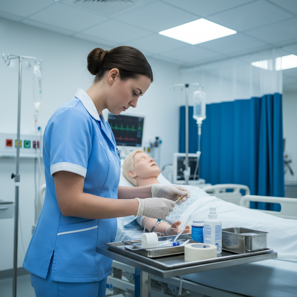 Nurse in clinical setting practicing patient care skills for nursing excellence program