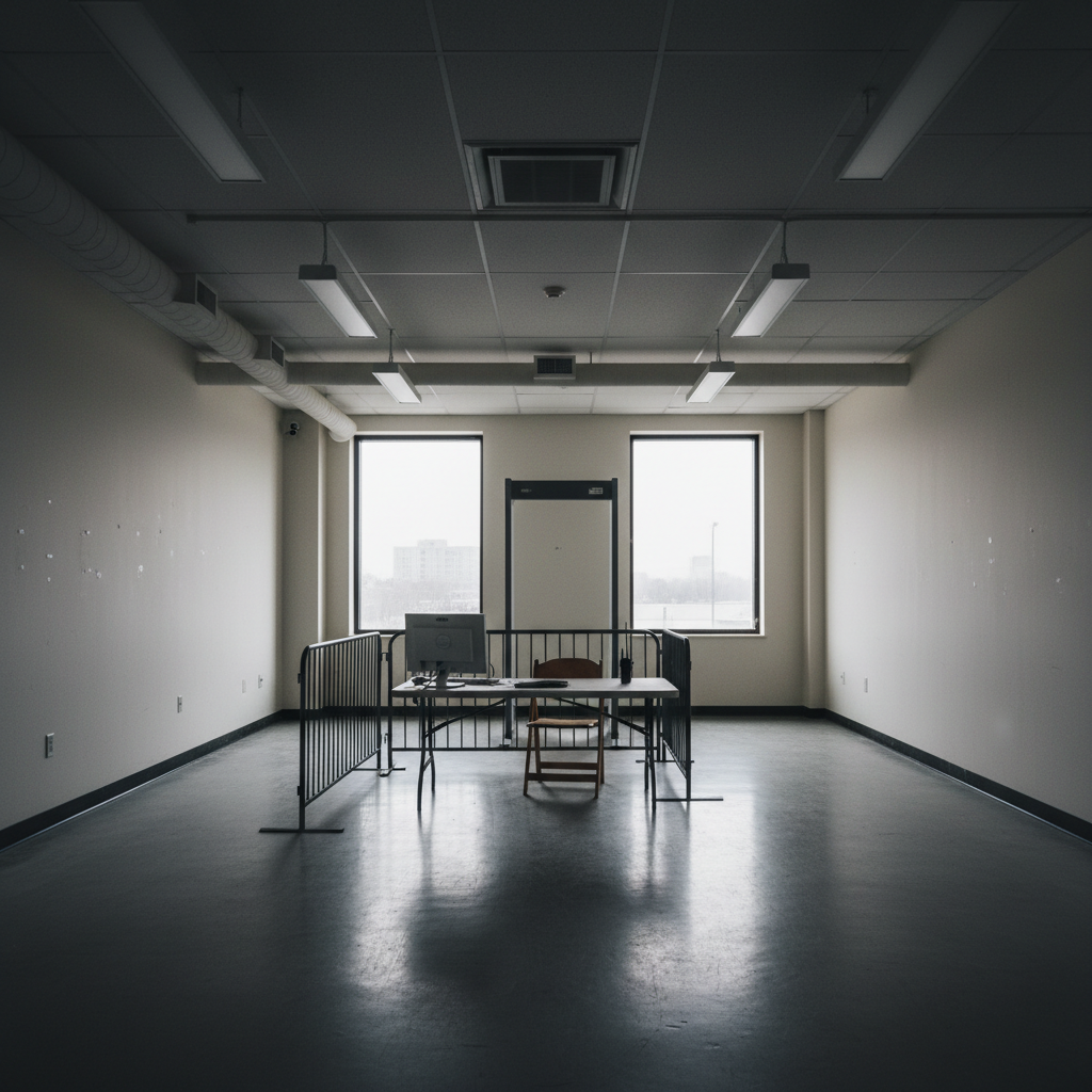 Bare building lobby with temporary security desk, no seating, and harsh overhead lighting