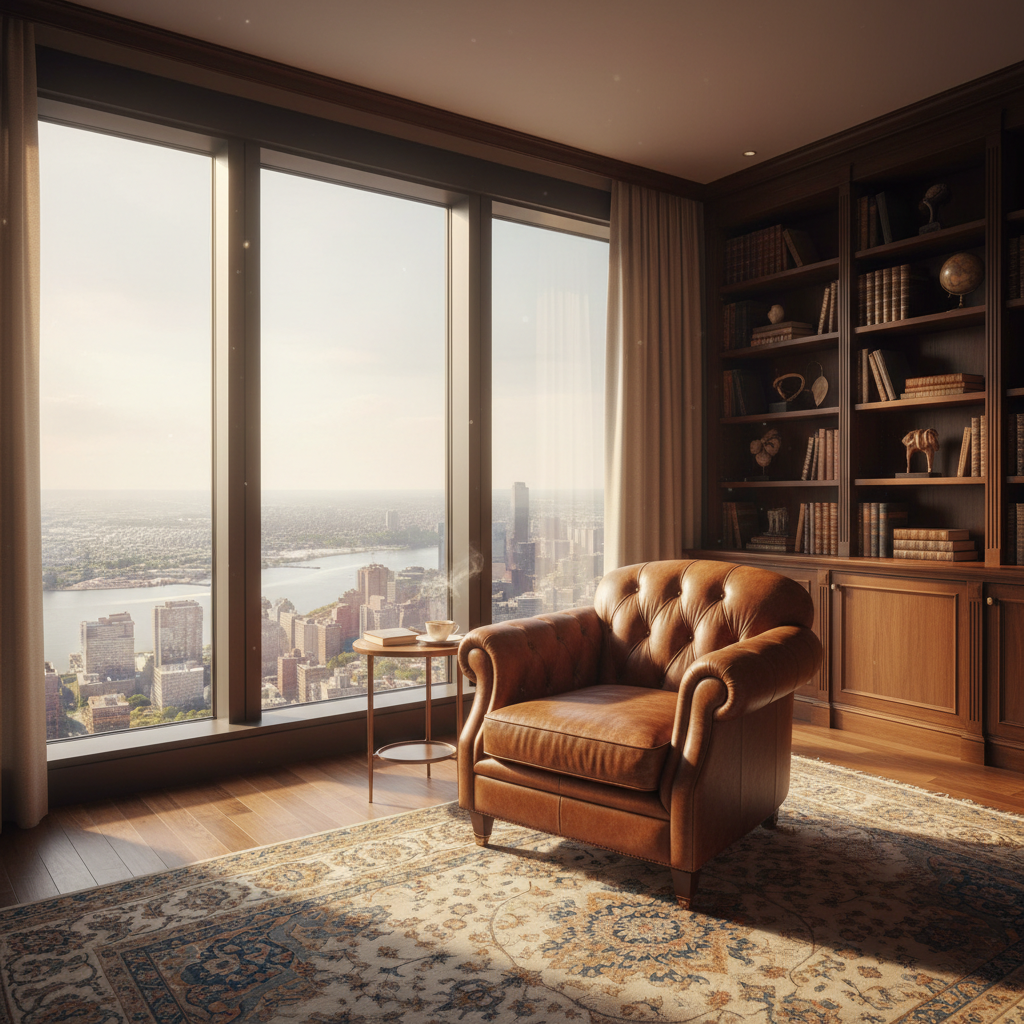 Sophisticated private office with warm afternoon light, a single leather armchair positioned toward floor-to-ceiling windows with city panorama