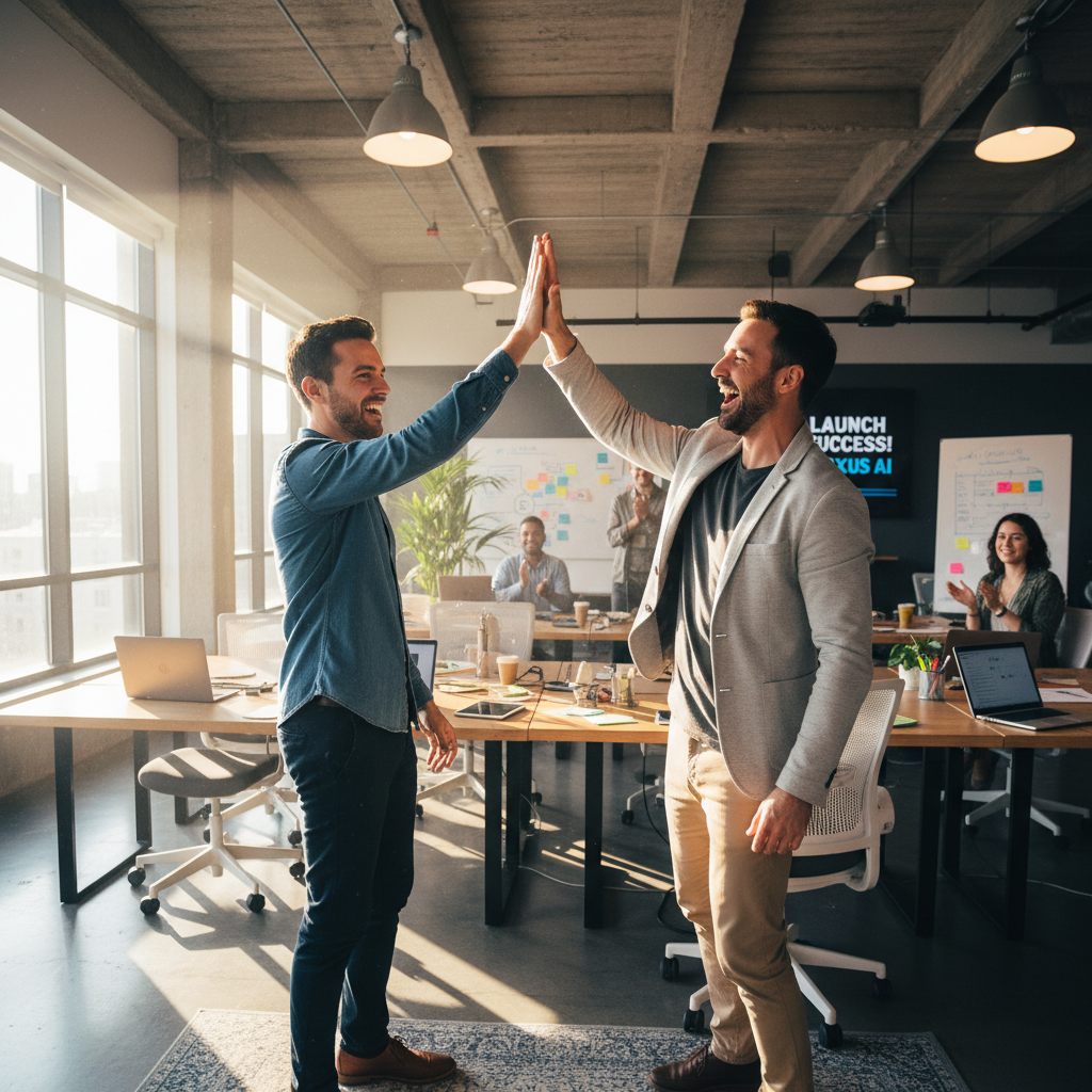 Two founders high-fiving after a successful product launch at their co-working space