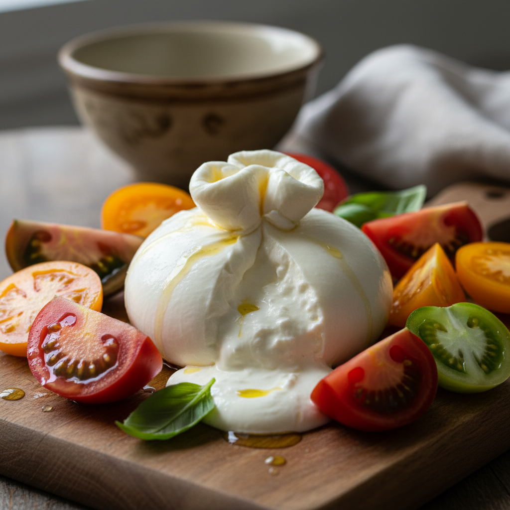 Fresh burrata cheese on heirloom tomatoes with green basil and balsamic drizzle on white plate