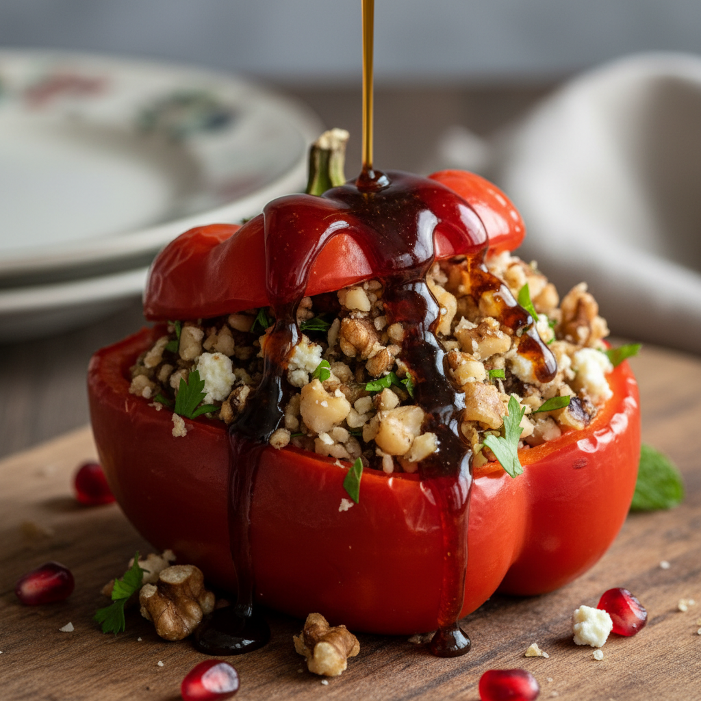 Close-up of pomegranate molasses drizzling over a walnut-stuffed red pepper