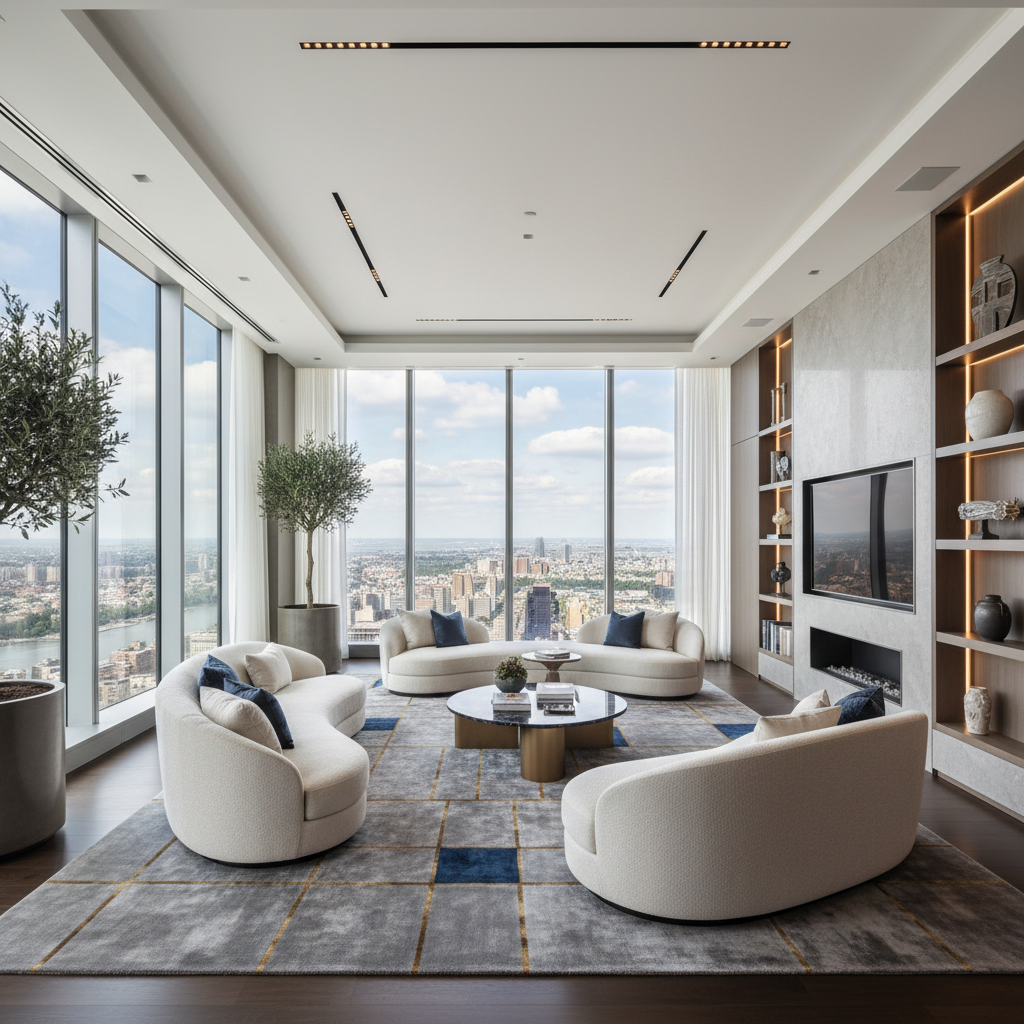 Premium apartment interior with open plan living room and floor-to-ceiling windows