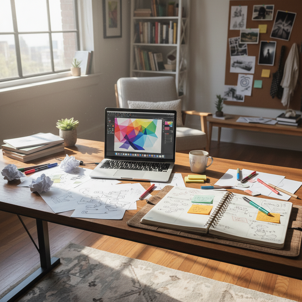 Creative digital design workspace with colorful abstract art on dark background